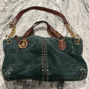 New Michael Kors hand bag, leather straps, green suede
